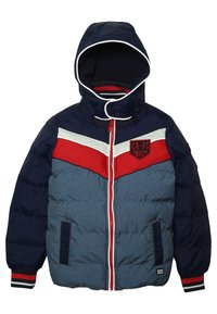 Vadderad jacka med en marinblå, röd och grå färgskala. Har en huva, dragkedjestängning och logopatch. Ribbad muddar med randiga accenter.