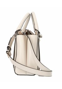 Sac à main en cuir blanc au design structuré, comportant deux compartiments, des surpiqûres contrastées, des poignées supérieures et une bandoulière réglable.