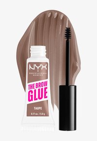 Tube von NYX Professional Makeup The Brow Glue im Farbton Taupe mit geöffnetem schwarzem Bürstchen und Probe des Taupe Gels dahinter.
