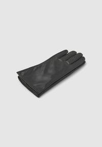 Gant en cuir noir avec une texture lisse, cinq doigts et un design ajusté, posé à plat sur un fond clair. Pas de motifs ni d'accents visibles.