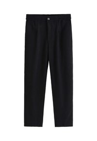 Pantalons noirs avec une taille élastique, dotés d'une fermeture à bouton, d'un design à jambes droites et d'une texture lisse. Pas de motifs visibles.