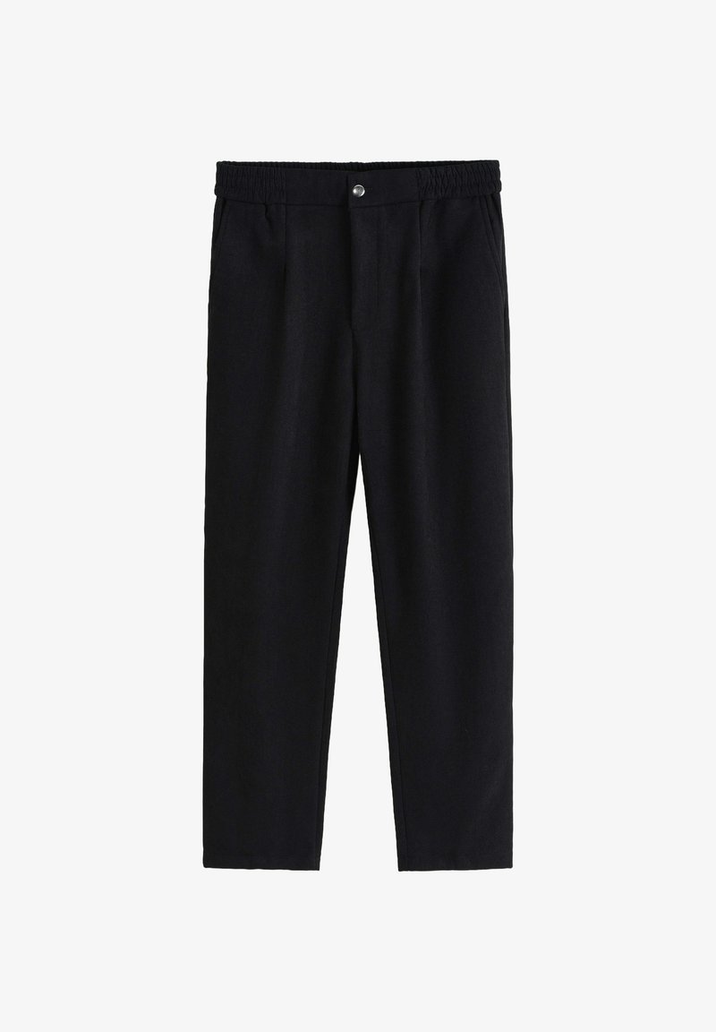 Pantalons noirs avec une taille élastique, dotés d'une fermeture à bouton, d'un design à jambes droites et d'une texture lisse. Pas de motifs visibles.