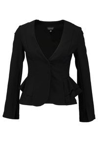 Černý peplum blazer s dlouhými rukávy, výstřihem do V a zapínáním na jeden knoflík. Vyrobeno z hladkého materiálu s strukturovaným střihem a bočními kapsami.