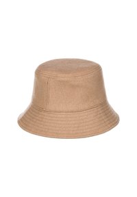 Tan uldshat med en rund krone og bred, skrånende skygge. Har pæne søm langs kanterne, hvilket skaber en tekstureret overflade.
