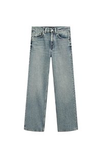Light blue high-waisted jeans made of denim, featuring a straight-leg design, slight fading, five pockets, and silver metal button closure.