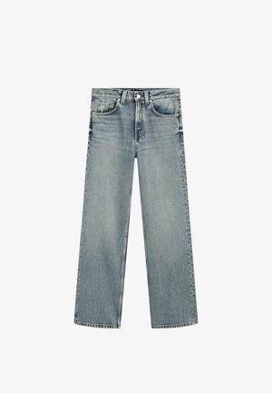 Helle blaue gerade geschnittene Jeans aus Denim, mit Knopf- und Reißverschluss, fünf Taschen und rohen Säumen.