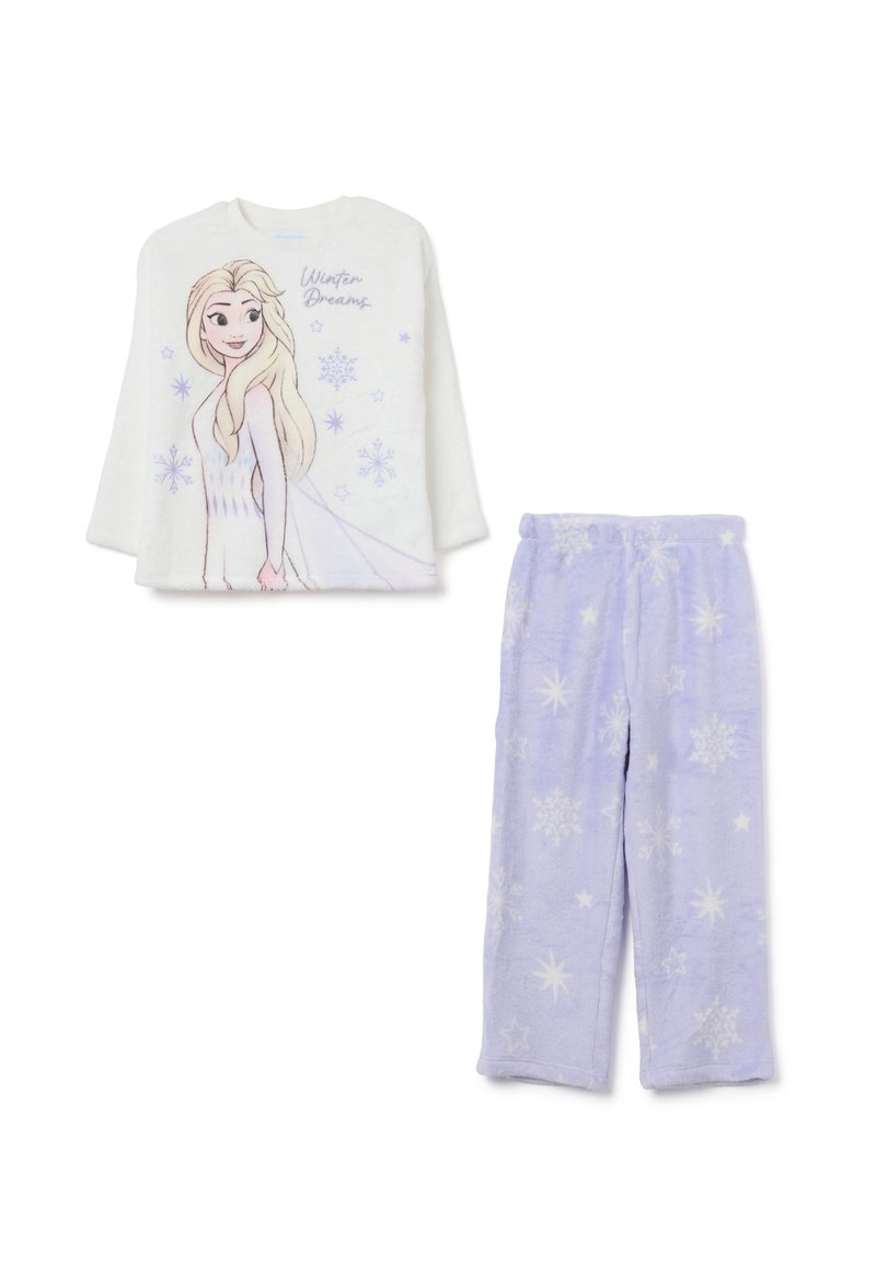 Zweiteiliges Schlafanzug-Set mit einem weißen Oberteil mit einem Charakterdruck und dem Text "Winterträume" sowie lila Hosen mit Schneeflockenmustern.
