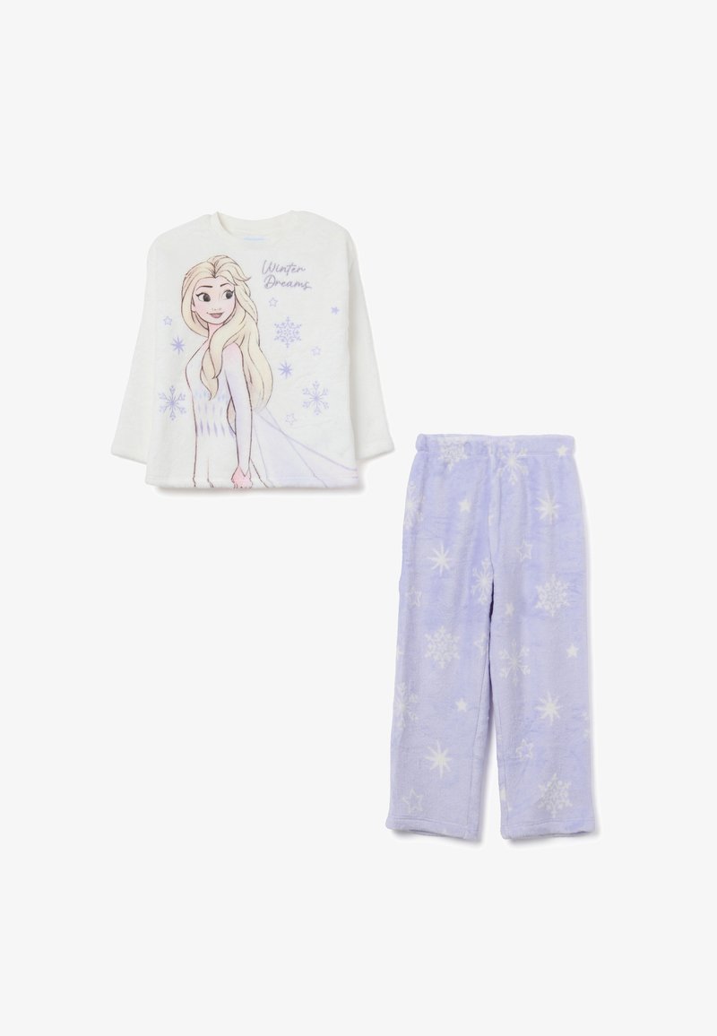 Twee-delig pyjama set met een witte top met een karakterprint en de tekst "Winter Dromen," en lila broek met sneeuwvlokpatronen.