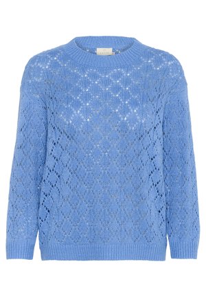 Maglione lavorato a maglia blu chiaro con un motivo a diamante, scollo rotondo e maniche lunghe. Presenta un bordo e polsini a coste. Realizzato in un materiale morbido.