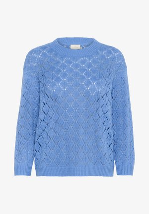 Light blue knitted sweater with a diamond pattern, round neckline, and long sleeves. Features a ribbed hem and cuffs. Made from a soft material.