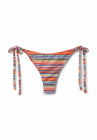 Gestreifte Bikinihose mit bunten horizontalen Linien. Mit orangefarbenen Akzenten und seitlichen Bindebändern. Glattes Material mit eng anliegendem Schnitt.