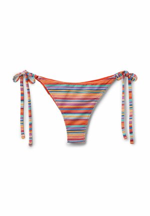 Striped bikini bottom with multicolored horizontal lines. Features orange accents and side ties. Smooth fabric with a snug fit.