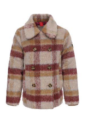 Knopenjas van zachte stof met een beige, rode en gouden ruitpatroon. Het heeft een brede kraag en vier decoratieve knopen.