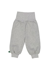 Grijze sweatpants met een ribbelige hoge tailleband, elastische boorden en een zachte textuur. Heeft een klein groen label aan de onderkant aan de linkerkant.