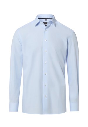 Camicia da uomo a maniche lunghe di colore azzurro chiaro con colletto appuntito e bottoni bianchi sulla parte anteriore.