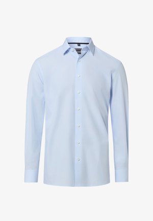 Camicia da uomo a maniche lunghe di colore azzurro chiaro con colletto appuntito e bottoni bianchi sulla parte anteriore.