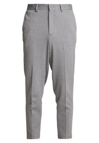 Grå skräddarsydda byxor med en texturerad yta, med platt framstycke, två sidofickor och en kortad ankeldesign.