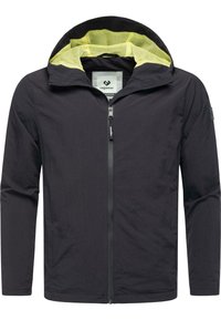 Črna lahka jakna s kapuco, ki ima svetlo rumeno mrežasto podlogo, sprednji zadrgo in subtilno teksturo. Natisnjena oznaka na rokavu.