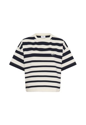 Rövid ujjú fekete-fehér vízszintes csíkos, kerek nyakú póló, bal oldalon kis hímzett logóval.