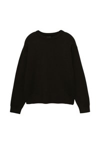Maglione nero a maglia con scollo rotondo, maniche lunghe e polsini e orlo a coste. Texture morbida, design casual e vestibilità regolare.