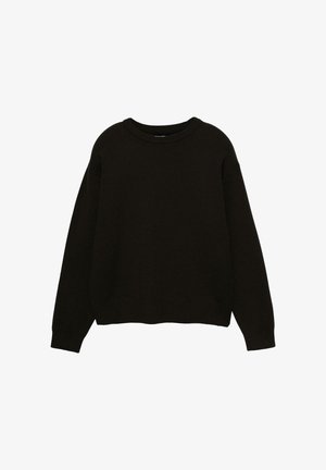Pulover negru din tricot, cu guler rotund, mâneci lungi și manșete și tiv ribbate. Textură moale, design casual și croială obișnuită.