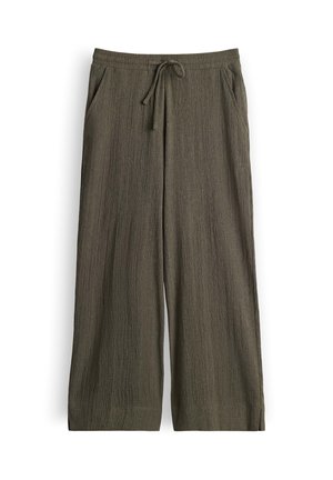 Olijfgroene wijde broek met elastische tailleband en trekkoord, gestructureerde stof, steekzakken aan de voorkant en rechte zoom.