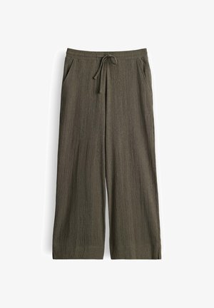 Olijfgroene wijde broek met elastische tailleband en trekkoord, gestructureerde stof, steekzakken aan de voorkant en rechte zoom.