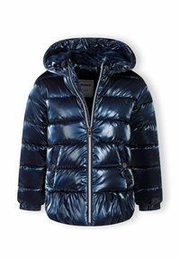 Marinblå puffer-jacka med en glänsande, quiltad finish, huva, dragkedja och två sidofickor. Mjukt innerskikt för extra värme.