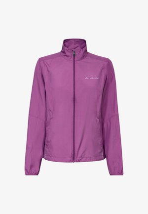 Paarse lichtgewicht jas met voorrits, hoge kraag, lange mouwen, elastische manchetten en Vaude-logo op de borst.