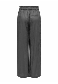 Šedé kalhoty s širokými nohavicemi a elastickým páskem, jednou zadní kapsou a hladkým povrchem, vyrobené z lehkého materiálu.