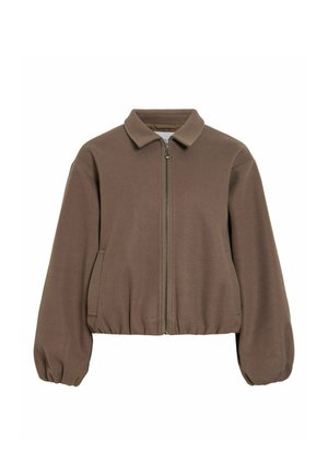 Veste en polaire marron avec fermeture éclair complète à l'avant, manches longues bouffantes, ourlet élastique et col plat.