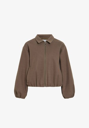 Jachetă maro din fleece cu fermoar integral frontal, mâneci lungi bufante, tiv elastic și guler plat.