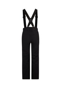 Schwarze Hose mit abnehmbaren Trägern, ausgestattet mit einer glatten Textur, geradem Bein Design und einem strukturierten Bund für eine verstellbare Passform.