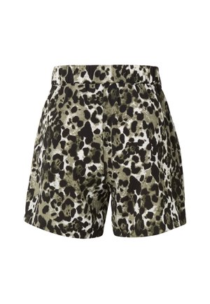Leopardmönstrade shorts i olivgrönt, svart och vitt; tillverkade av mjukt tyg med lös passform och elastisk midjeresår.