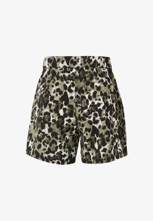 Leopardmönstrade shorts i olivgrönt, svart och vitt; tillverkade av mjukt tyg med lös passform och elastisk midjeresår.