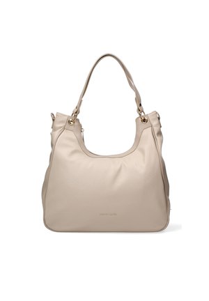 Beige leren handtas met een zachte textuur, een slungelig ontwerp en accenten in goudkleurig metaal. Voorzien van een enkele schouderband en geen zichtbare sluiting.