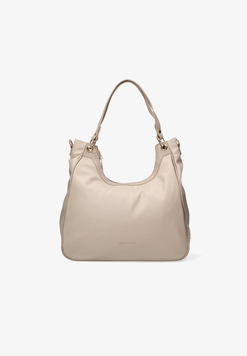 Beige leren handtas met een zachte textuur, een slungelig ontwerp en accenten in goudkleurig metaal. Voorzien van een enkele schouderband en geen zichtbare sluiting.