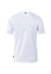 Witte T-shirt met korte mouwen, voorzien van een geometrisch patroon, een zachte textuur en een klein groen label aan de zoom. Logo geplaatst bij de hals.