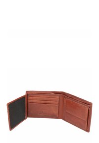 Braune Leder-Geldbörse mit mehreren Kartenfächern, einem Fach für Geldscheine und einem weichen schwarzen Innenfutter. Kompaktes und doppelt gefaltetes Design.