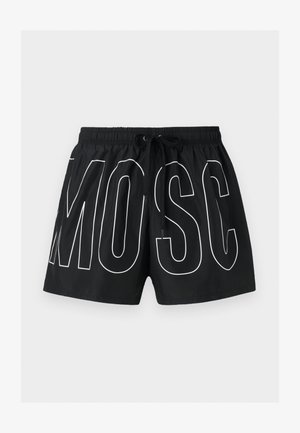 Pantalones cortos negros con cordón y grandes letras blancas delineadas "MOSC" en el frente, cintura elástica y textura de tela suave.