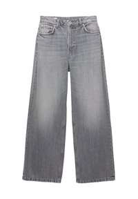 Grå vide cowboybukser med fem-lomme-design og bæltestropper, med diskrete falmninger og syningsdetaljer.