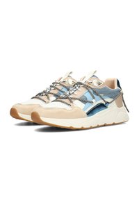 Sneakers realizzati con un mix di materiali: camoscio beige, denim blu, rete bianca e dettagli metallici. Presentano un laccio unico e una suola testurizzata.
