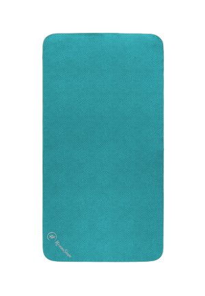 Türkisfarbener Yogamatte mit strukturierter Oberfläche, rechteckiger Form, abgerundeten Ecken und einem kleinen Logo in der unteren Ecke.