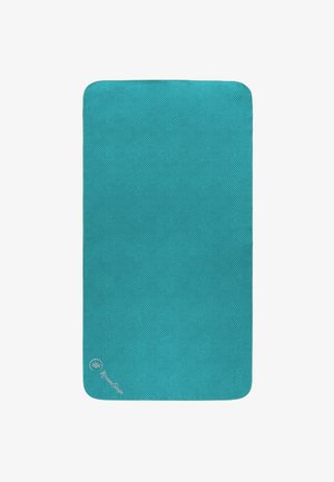 Türkisfarbener Yogamatte mit strukturierter Oberfläche, rechteckiger Form, abgerundeten Ecken und einem kleinen Logo in der unteren Ecke.
