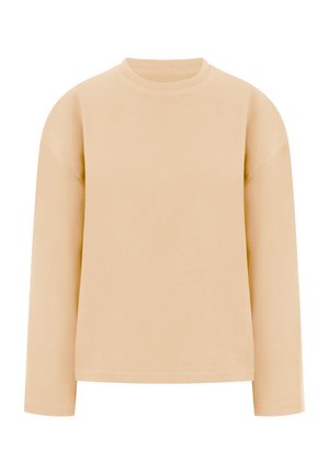 Maglione beige a maniche lunghe con scollo tondo, vestibilità comoda e senza motivi o loghi visibili, mostrato su uno sfondo bianco.
