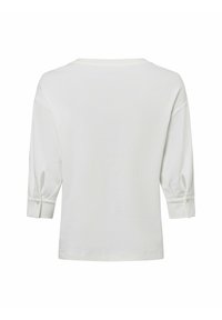 Weißes Langarmoberteil mit Rundhalsausschnitt, mit umgeschlagenen Ärmeln und Knopfakzenten an den Bündchen, aus weichem Textilmaterial gefertigt.