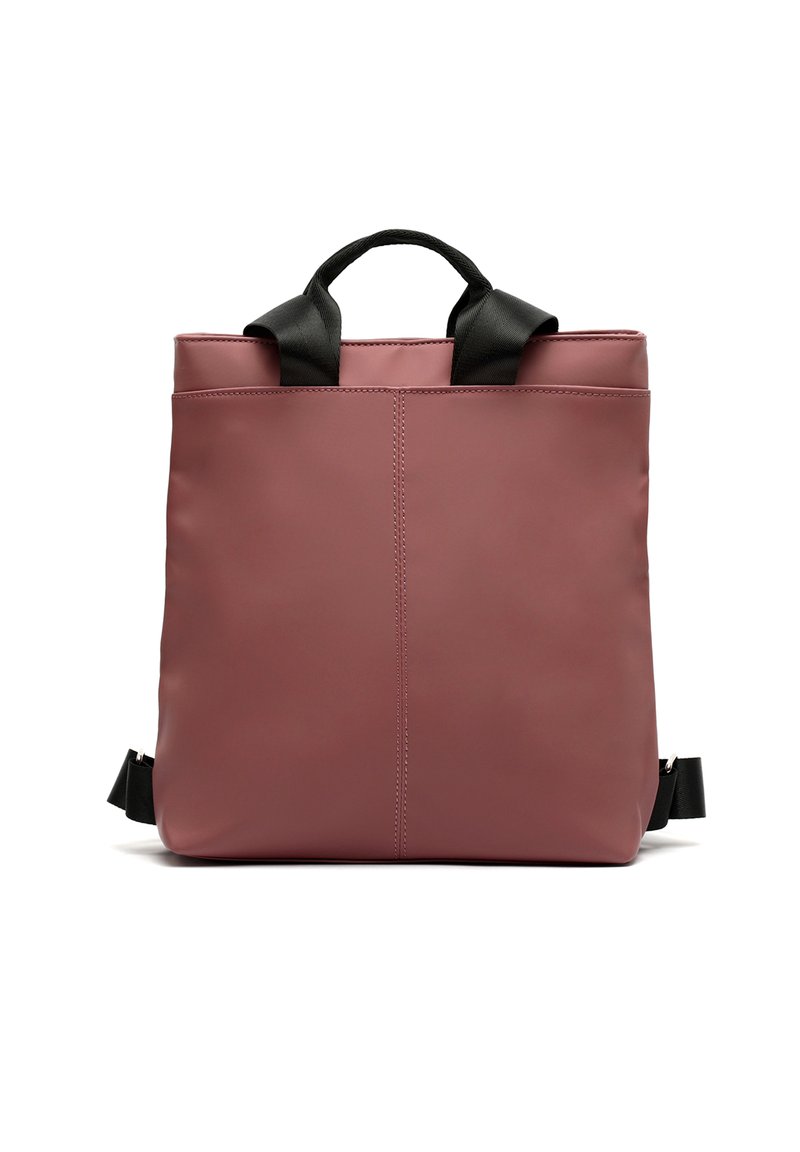 Rose pink tote bag with black straps, made from smooth material. Features a minimalist design with a top handle and adjustable shoulder straps.