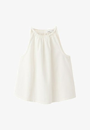 Haut blanc sans manches à col licou avec un décolleté froncé élastiqué et une coupe ample et fluide.