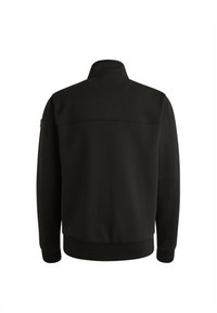 Sudadera negra con cuello alto, puños acanalados y dobladillo. Tejido liso con un diseño simple y minimalista. Sin logotipos ni patrones visibles.