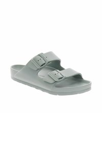 Sandale slide gris clair à bout ouvert avec deux brides bouclées réglables et semelle texturée, chaussure décontractée unisexe.